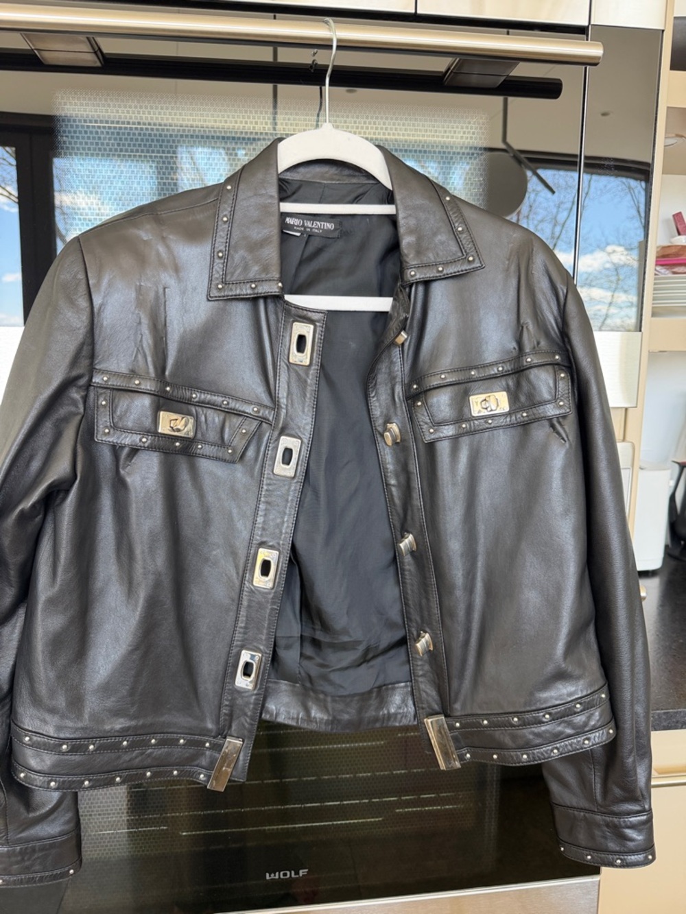 Mario Valentino Black Leather Stud-Trim Bomber Jacket